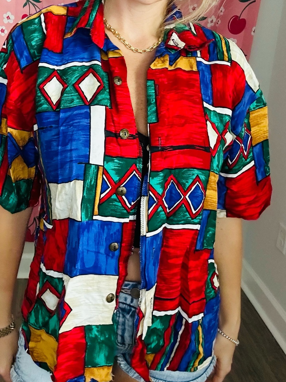 Element Multicolor Geometric Button-Down Shirt - Red Blue Green Yellow